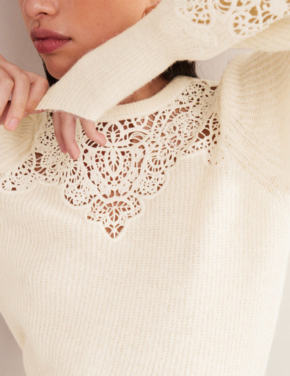 Lace Panel Fluffy Jumper-Ivory
