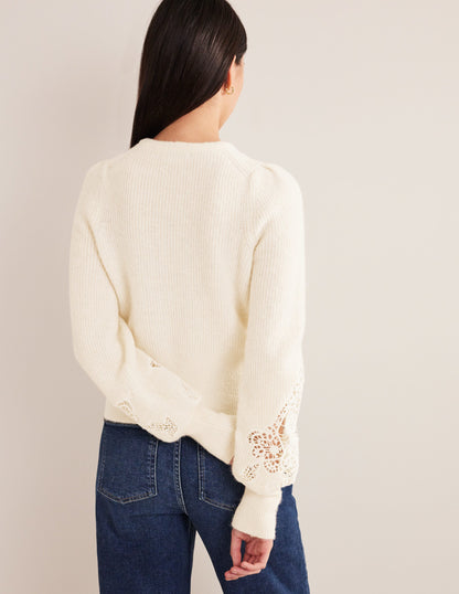 Lace Panel Fluffy Jumper-Ivory