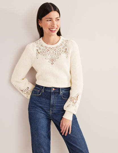 Lace Panel Fluffy Jumper-Ivory