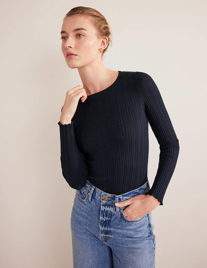 Ribbed Pointelle Top-Navy-1