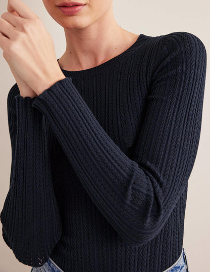 Ribbed Pointelle Top-Navy-2
