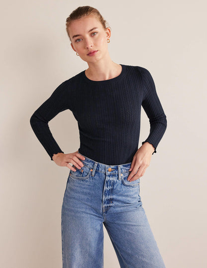 Ribbed Pointelle Top-Navy-4