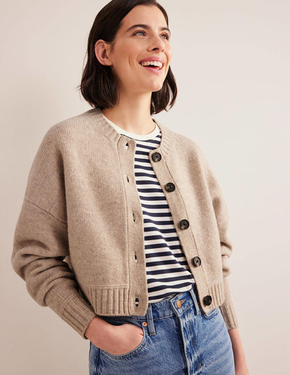Brushed Wool Cropped Cardigan-Oatmeal Melange-1
