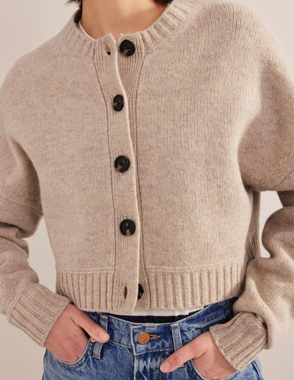 Brushed Wool Cropped Cardigan-Oatmeal Melange-2