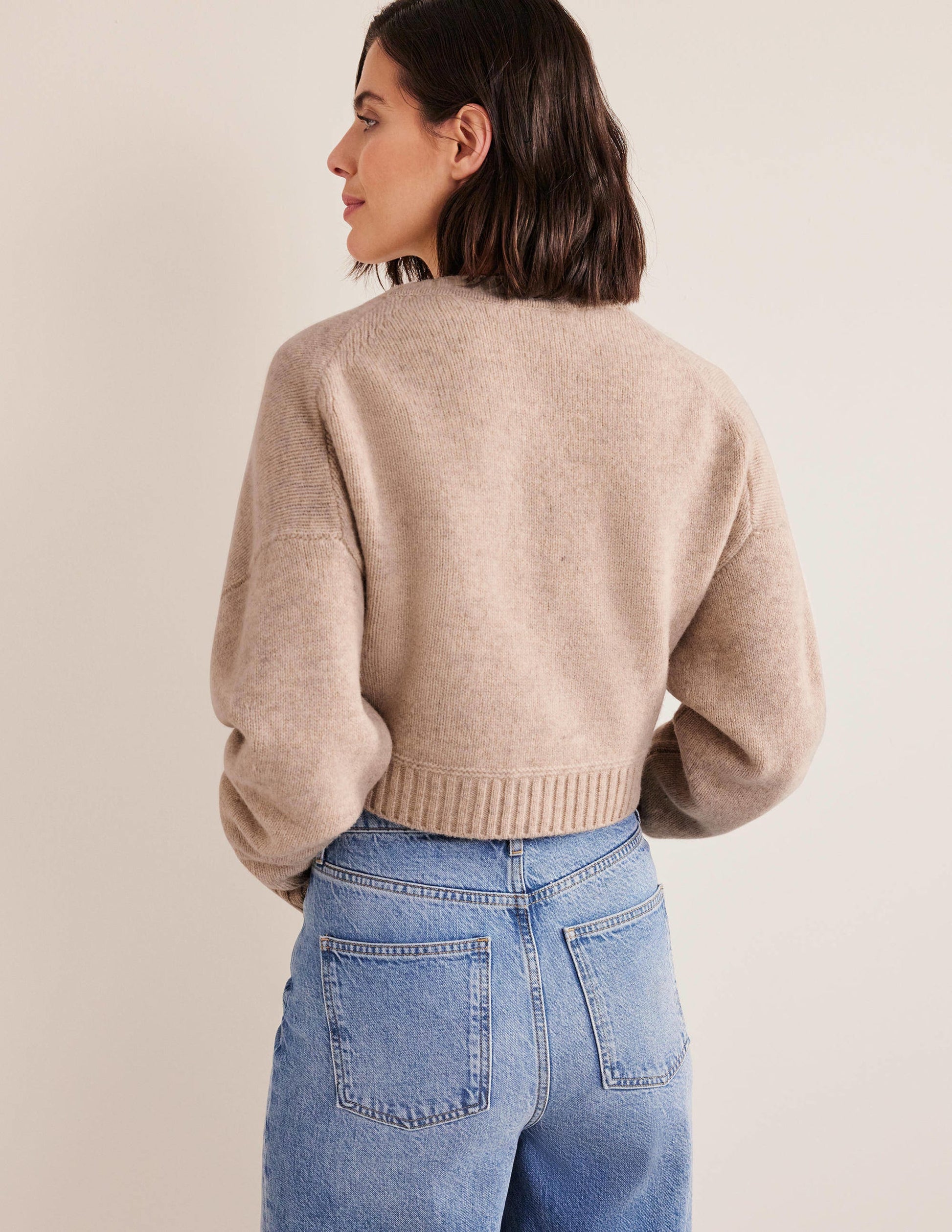 Brushed Wool Cropped Cardigan-Oatmeal Melange-3