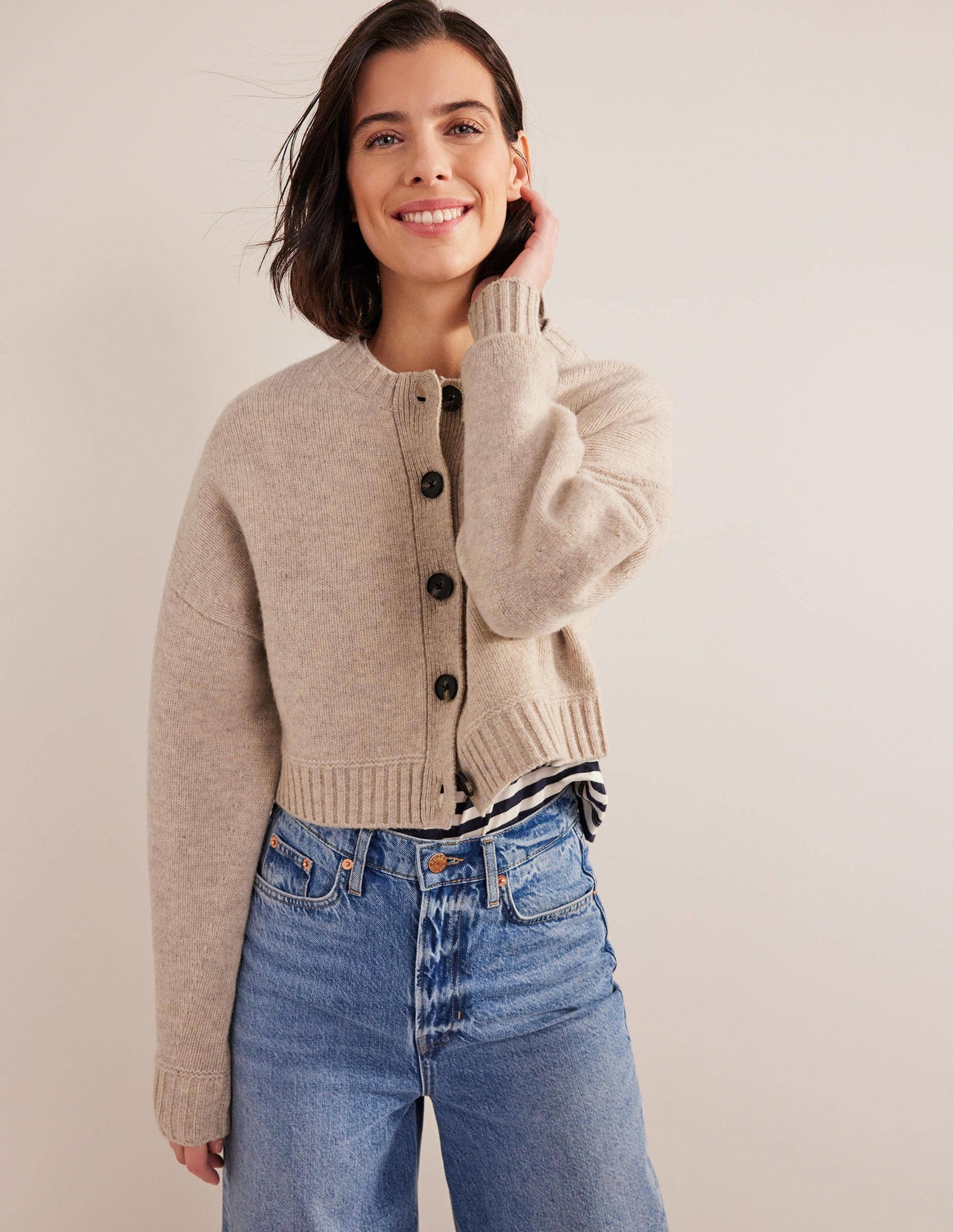 Brushed Wool Cropped Cardigan-Oatmeal Melange
