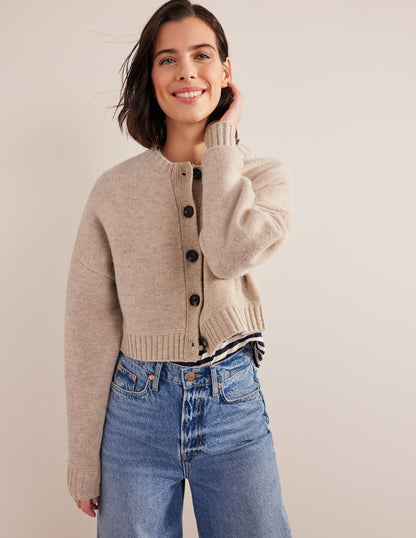 Brushed Wool Cropped Cardigan-Oatmeal Melange-4