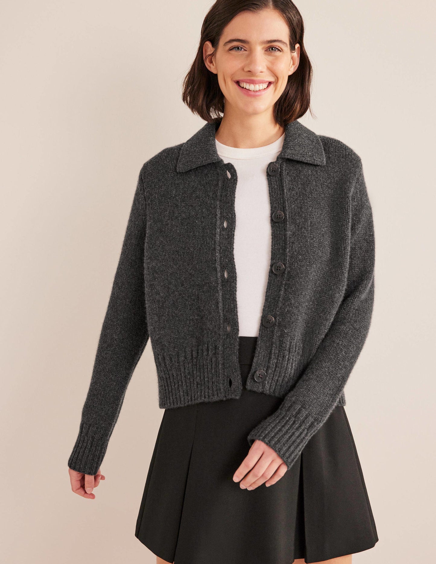 Collared Cashmere Cardigan-Charcoal Melange