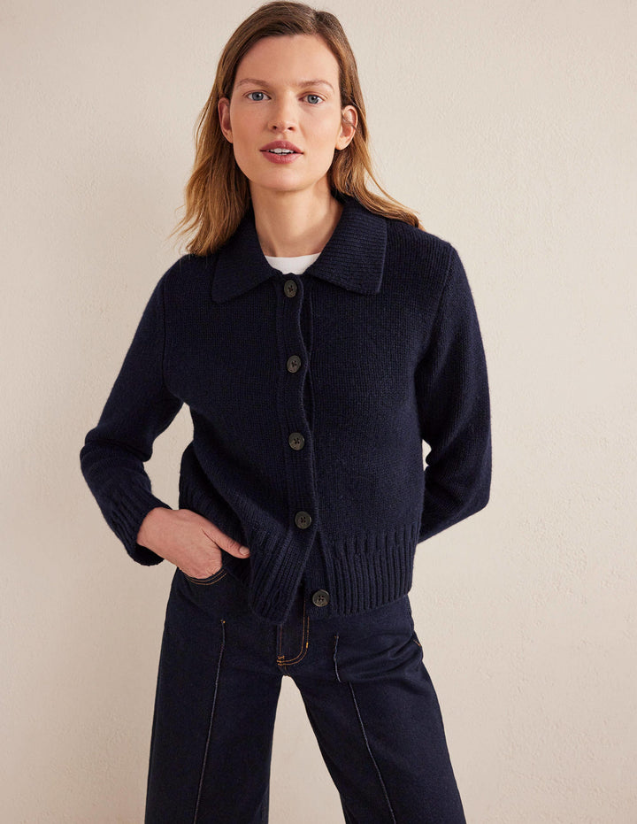 Collared Cashmere Cardigan-Navy