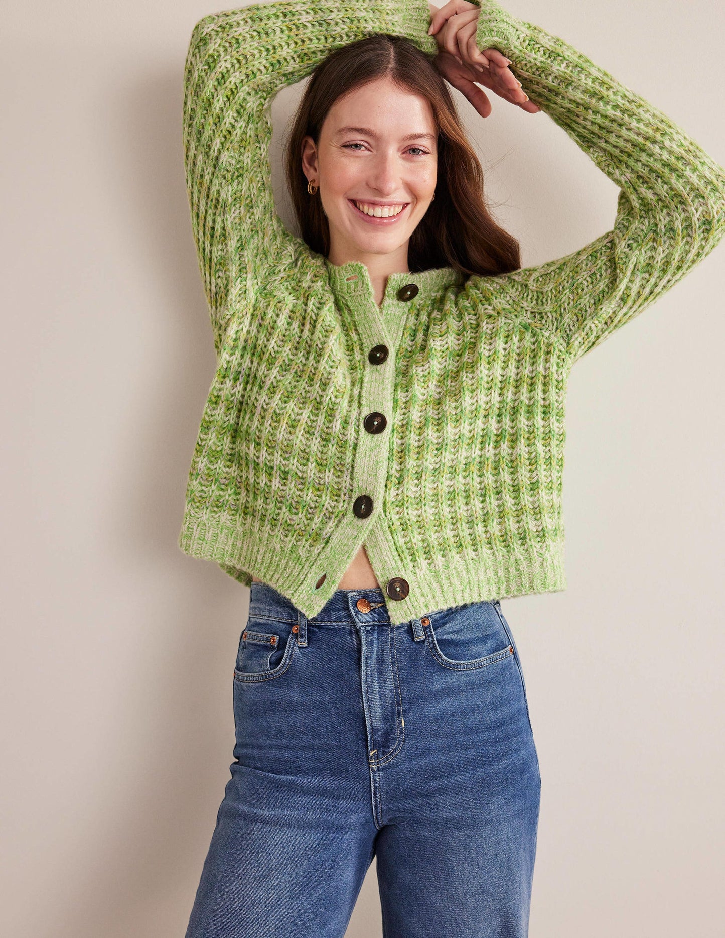 Wide Rib Fluffy Cardigan-Green Marl