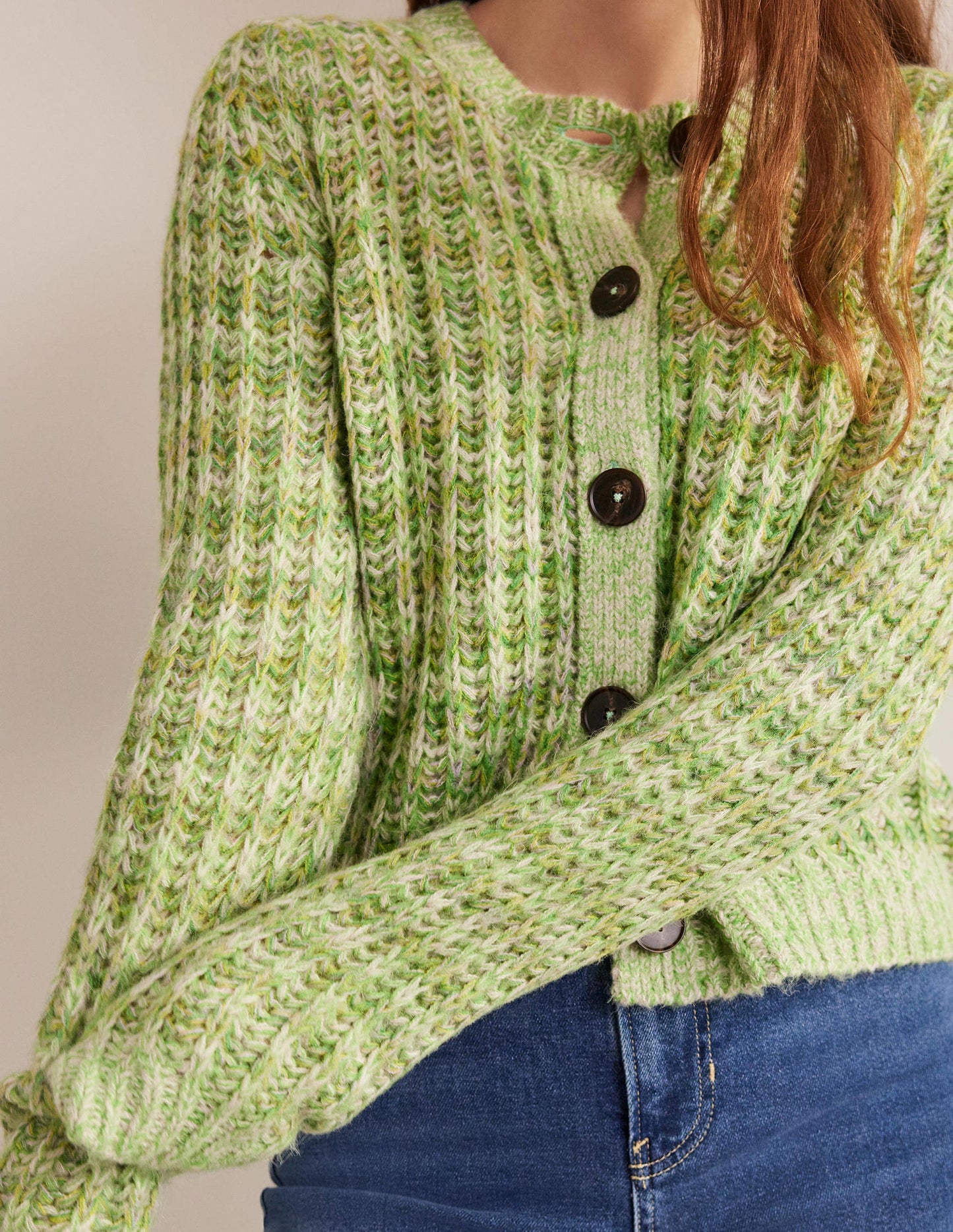 Wide Rib Fluffy Cardigan-Green Marl