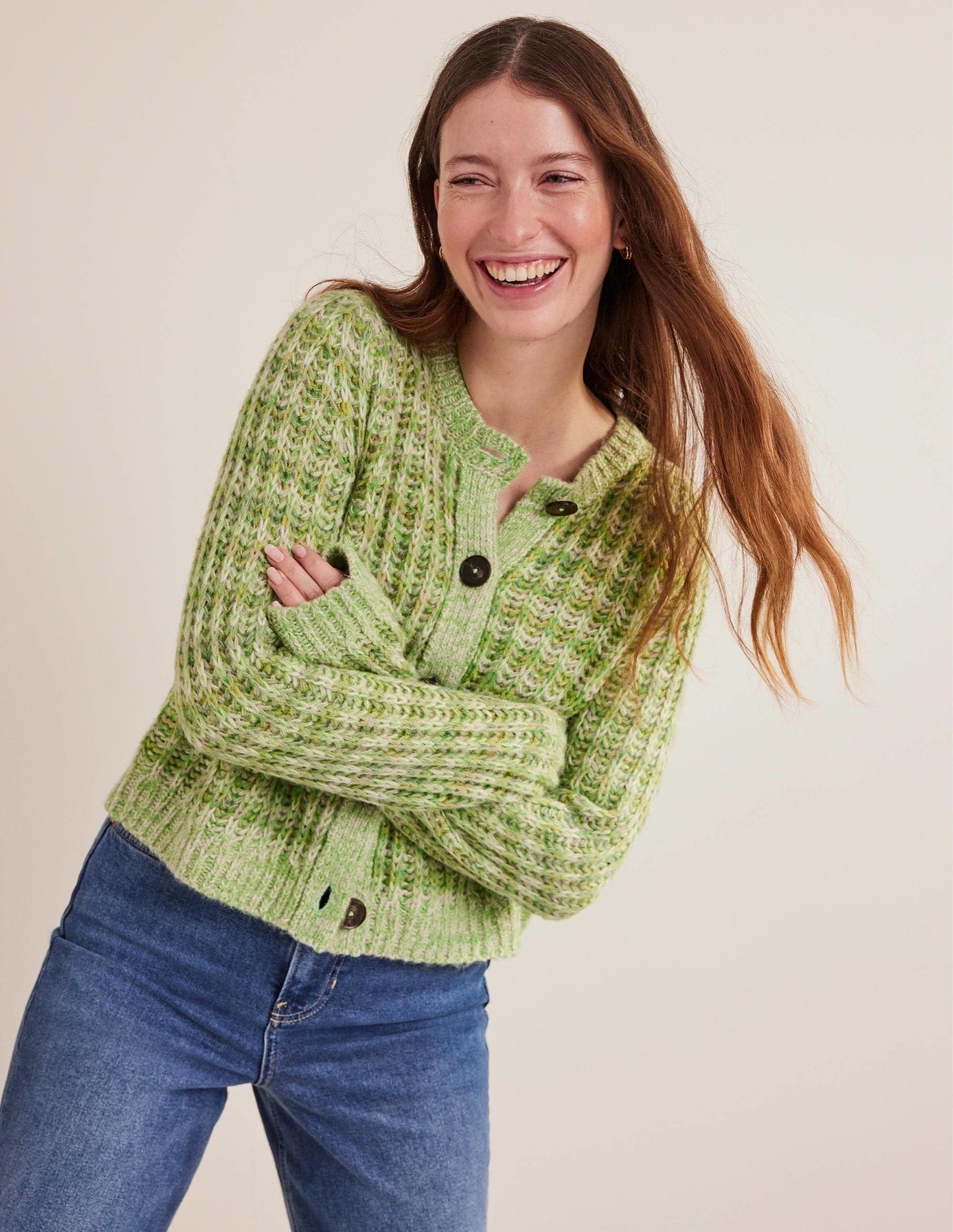 Wide Rib Fluffy Cardigan-Green Marl