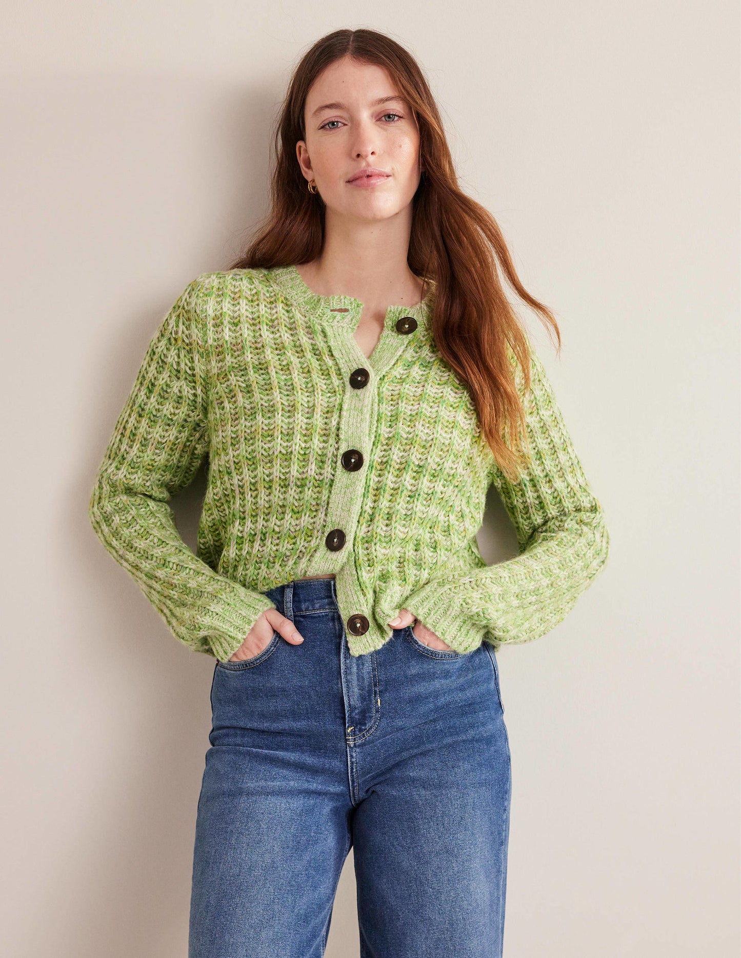 Wide Rib Fluffy Cardigan-Green Marl