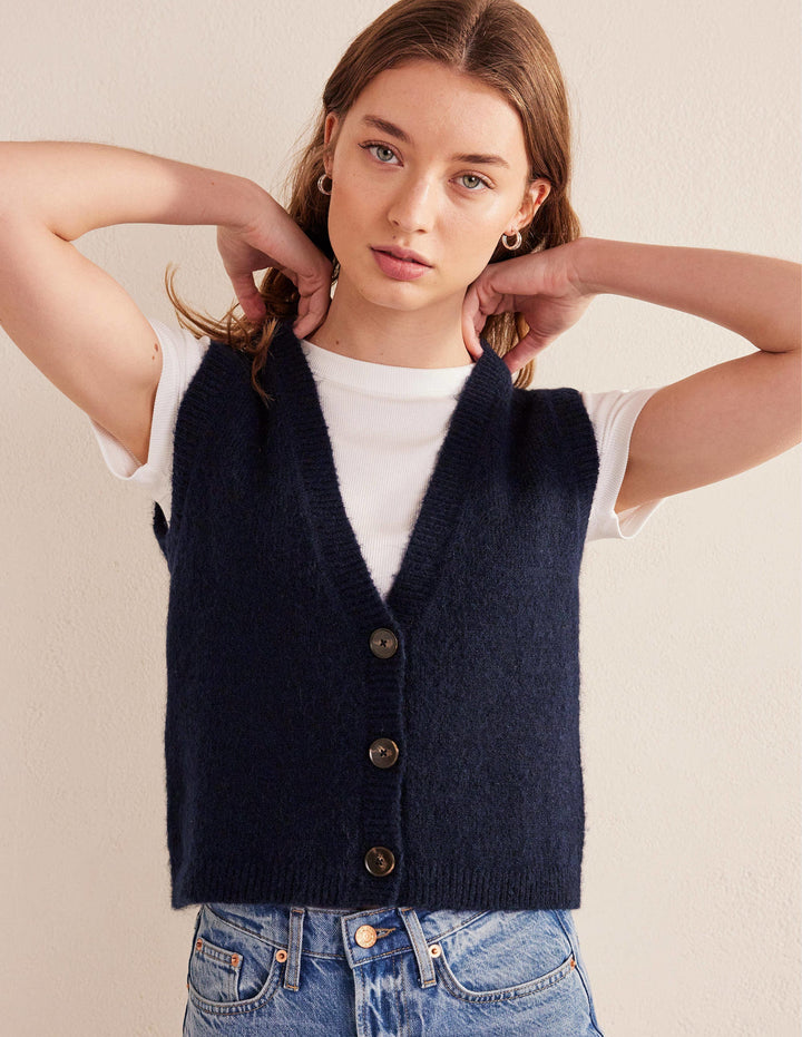 Cropped Fluffy Cardigan Tank-Navy