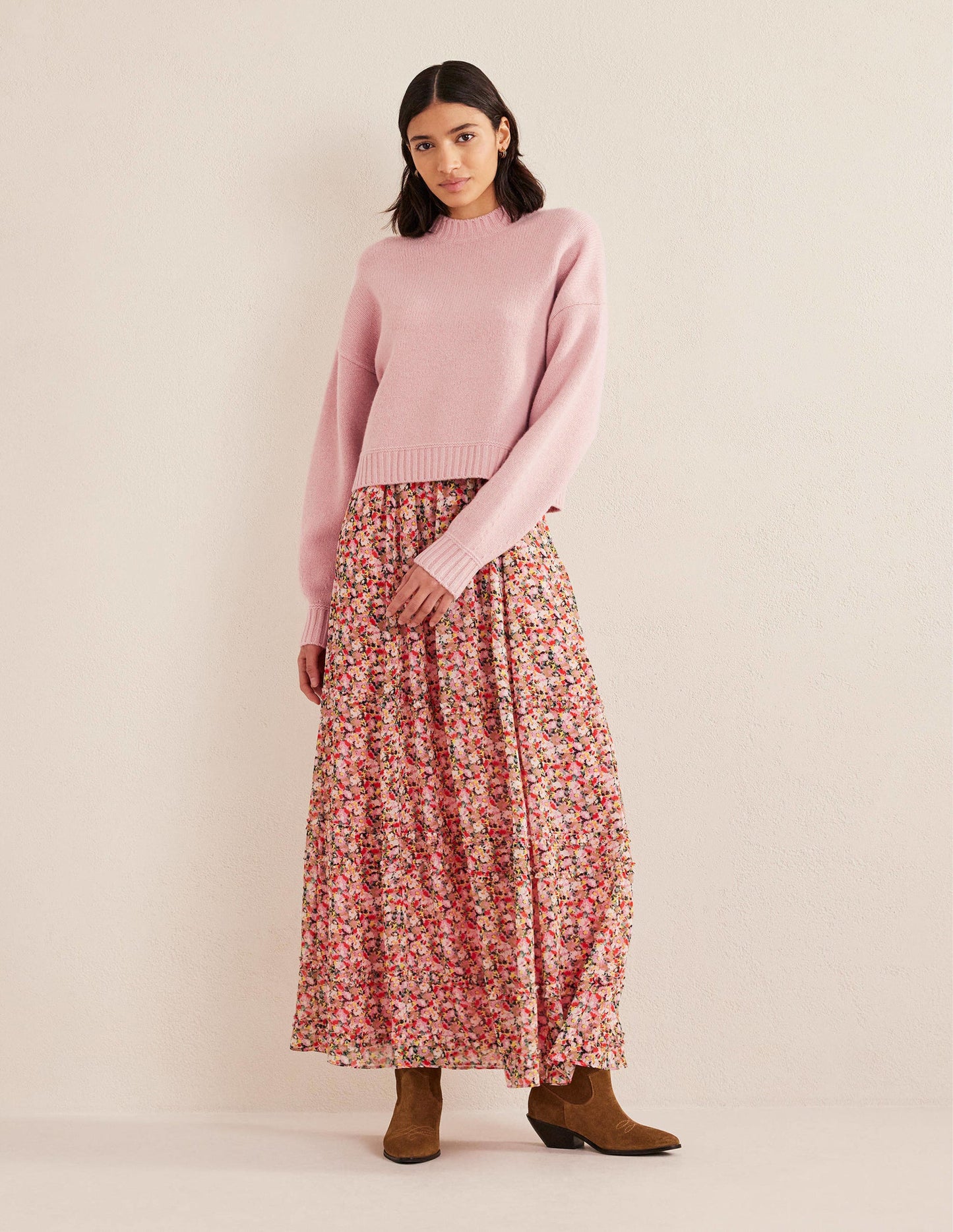 Brushed Wool Cropped Jumper-Chalky Pink