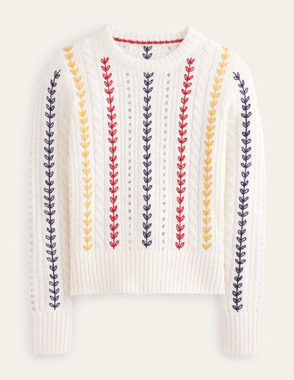 Fluffy Cable Embroidery Jumper-Warm Ivory