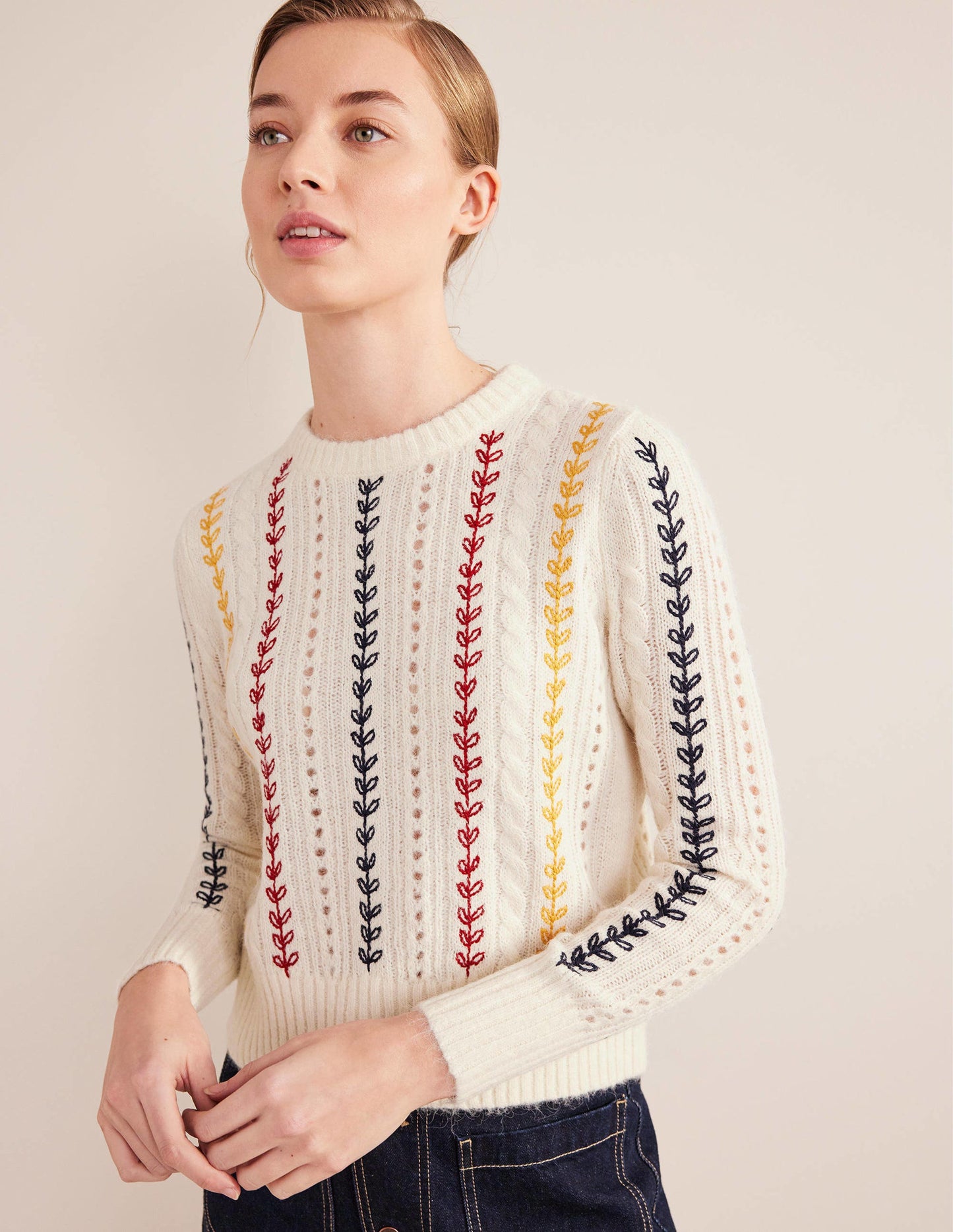 Fluffy Cable Embroidery Jumper-Warm Ivory