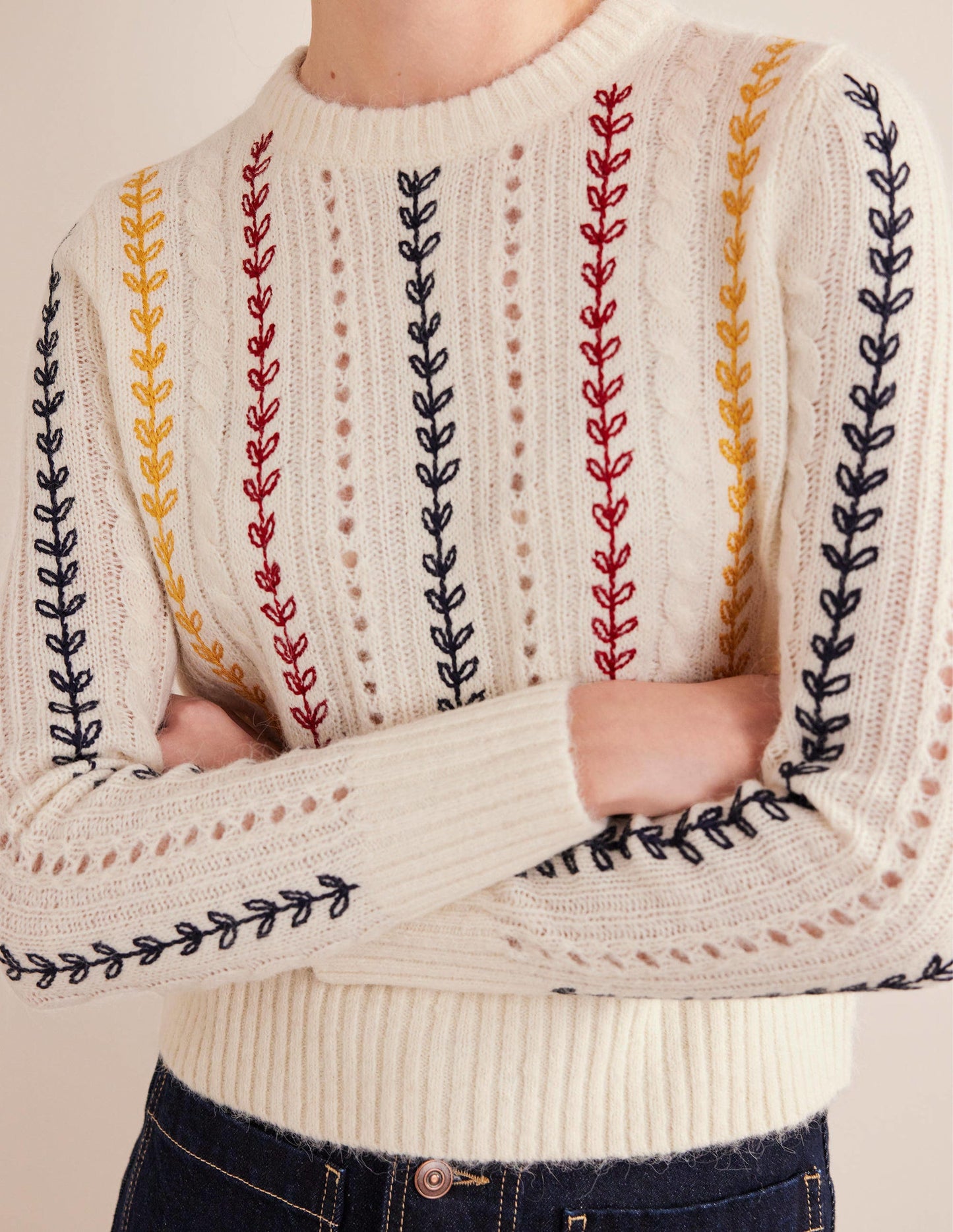 Fluffy Cable Embroidery Jumper-Warm Ivory