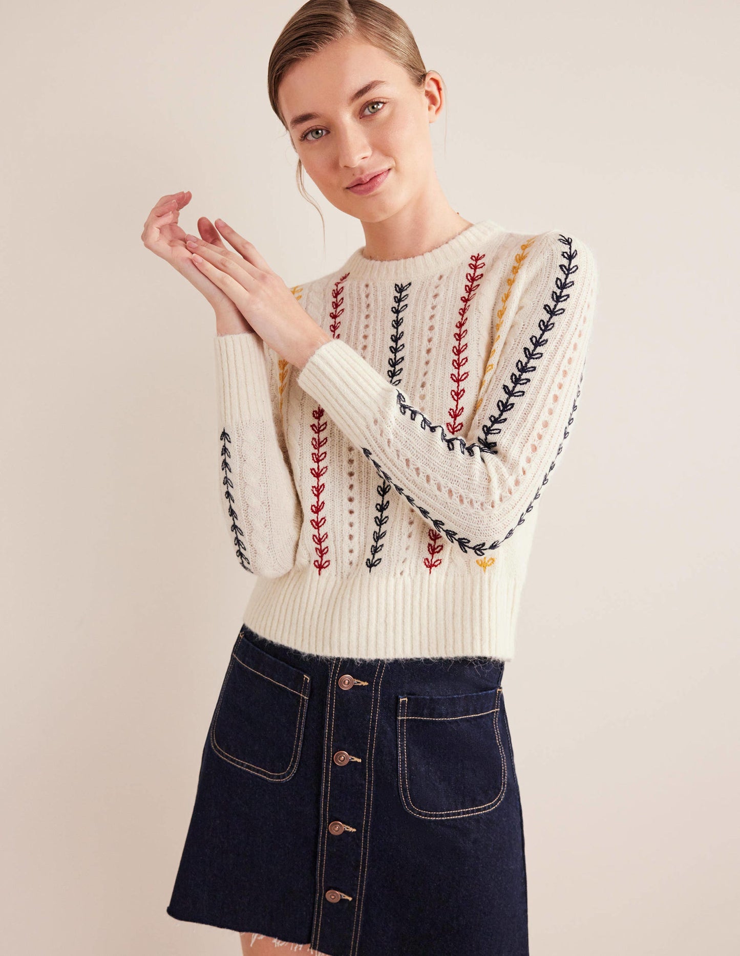 Fluffy Cable Embroidery Jumper-Warm Ivory