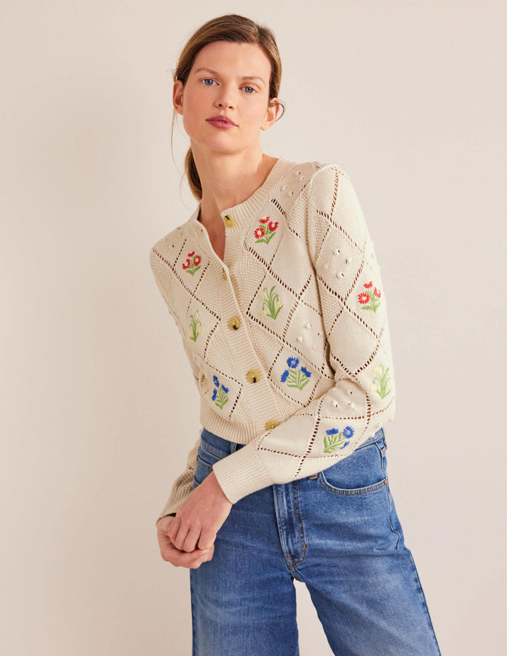 Cropped Embroidered Cardigan-Warm Ivory Embroidery