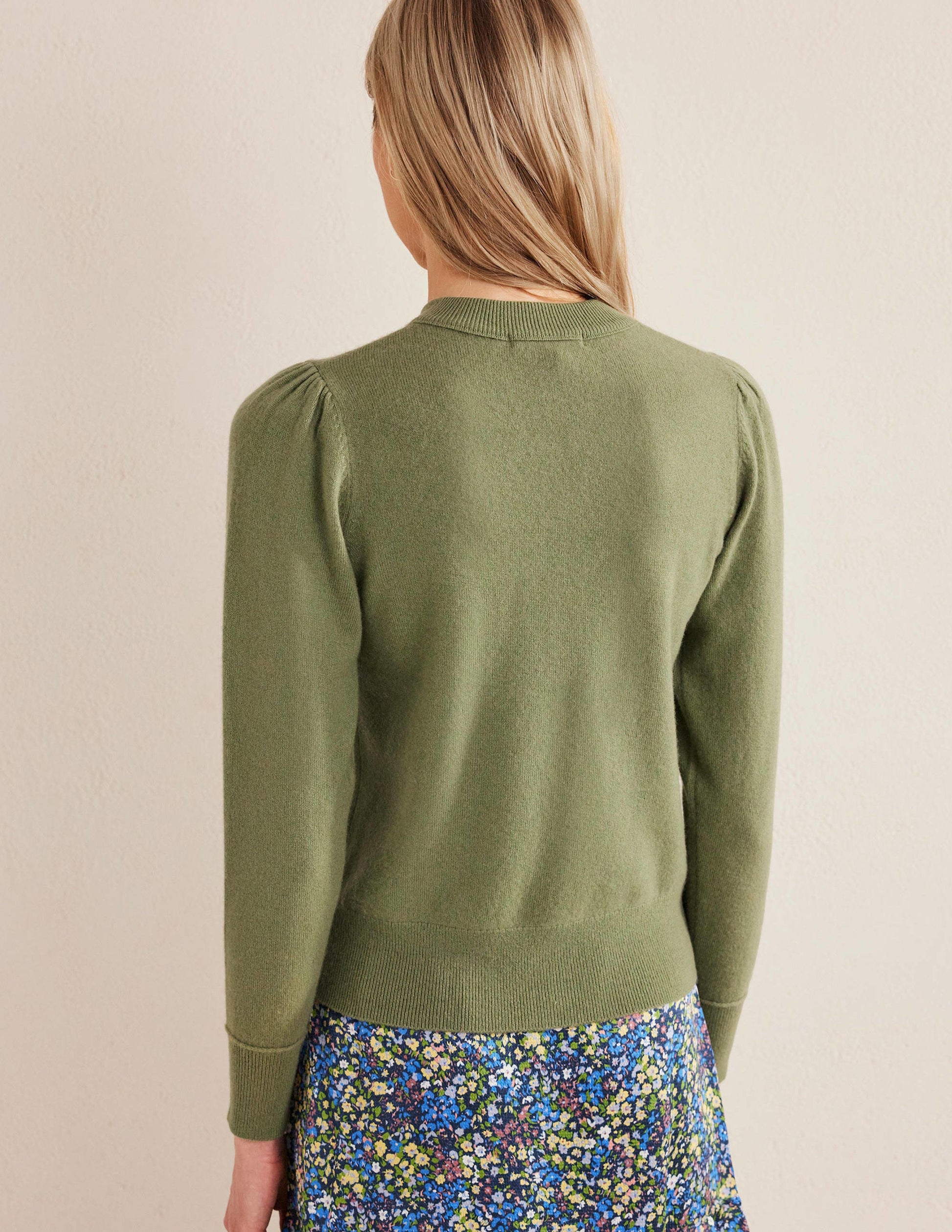 Cashmere Puff Shoulder Jumper-Stone Green-3