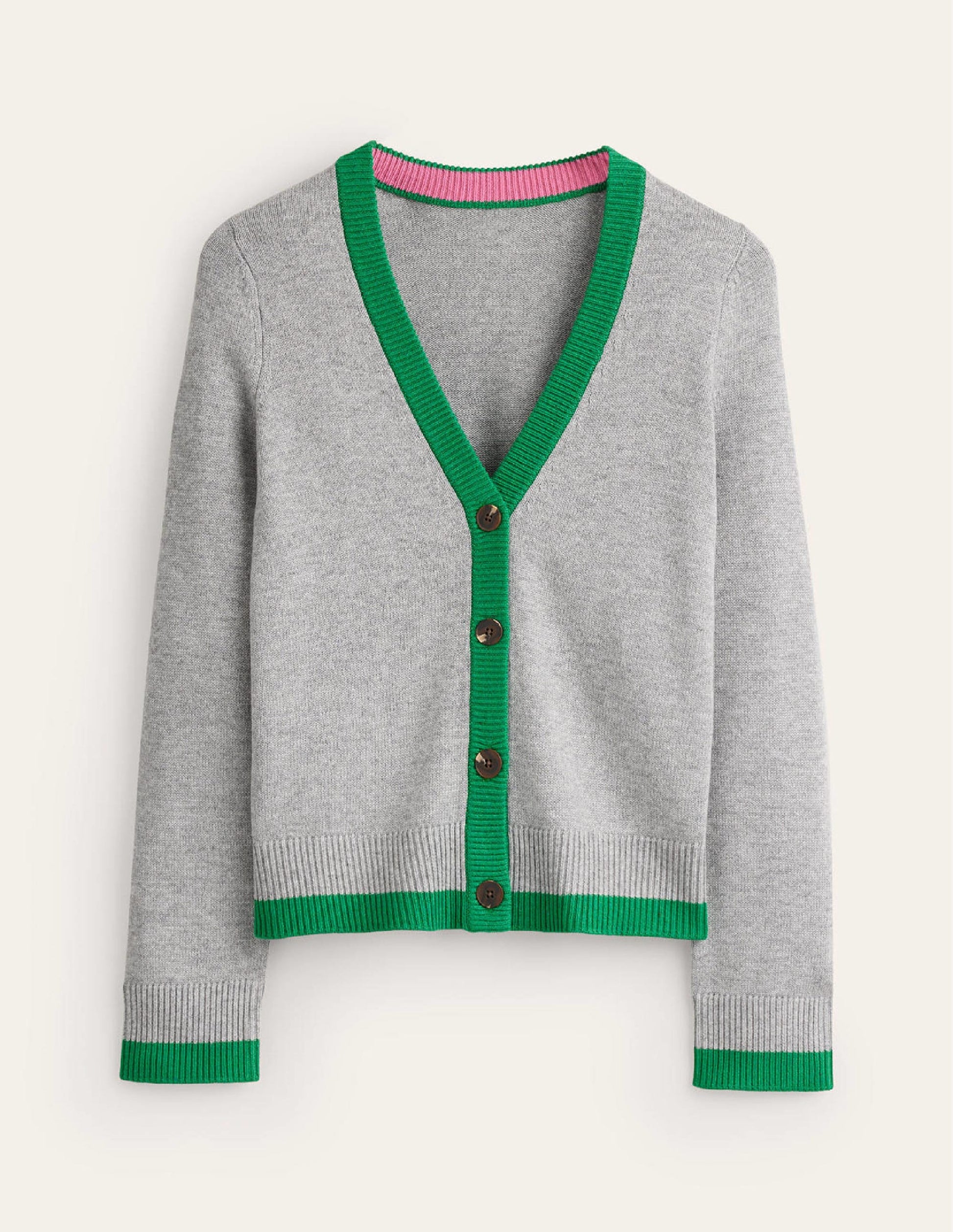 Alma Contrast Trim Cardigan-Grey Melange, Rich Emerald-5