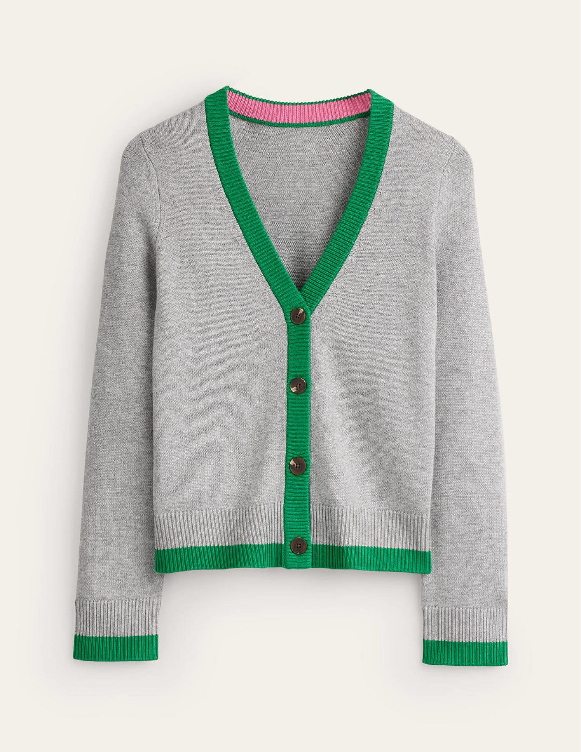 Alma Contrast Trim Cardigan-Grey Melange, Rich Emerald - Image 5