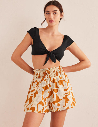 Linen Shirred Waist Shorts-Rust Paisley Whirl-1