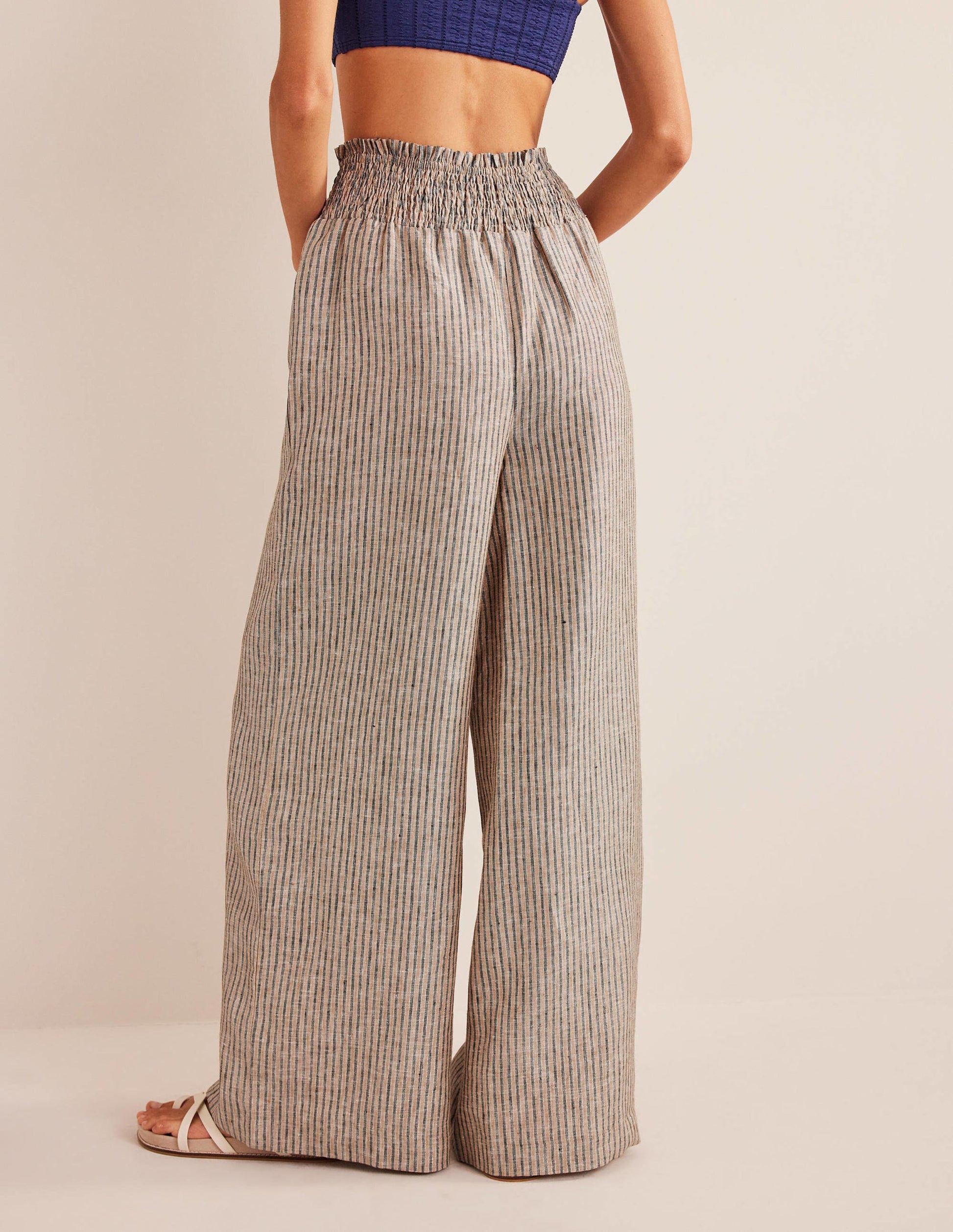 Linen Shirred Waist Trousers-Camel and Black Lurex Stripe-3