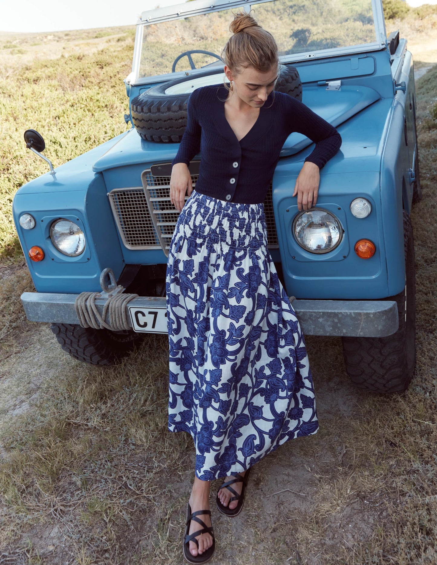 Shirred Waist Linen Midi Skirt-Blue Ribbon, Paisley Whirl