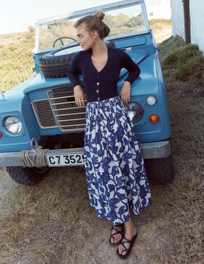 Shirred Waist Linen Midi Skirt-Blue Ribbon, Paisley Whirl