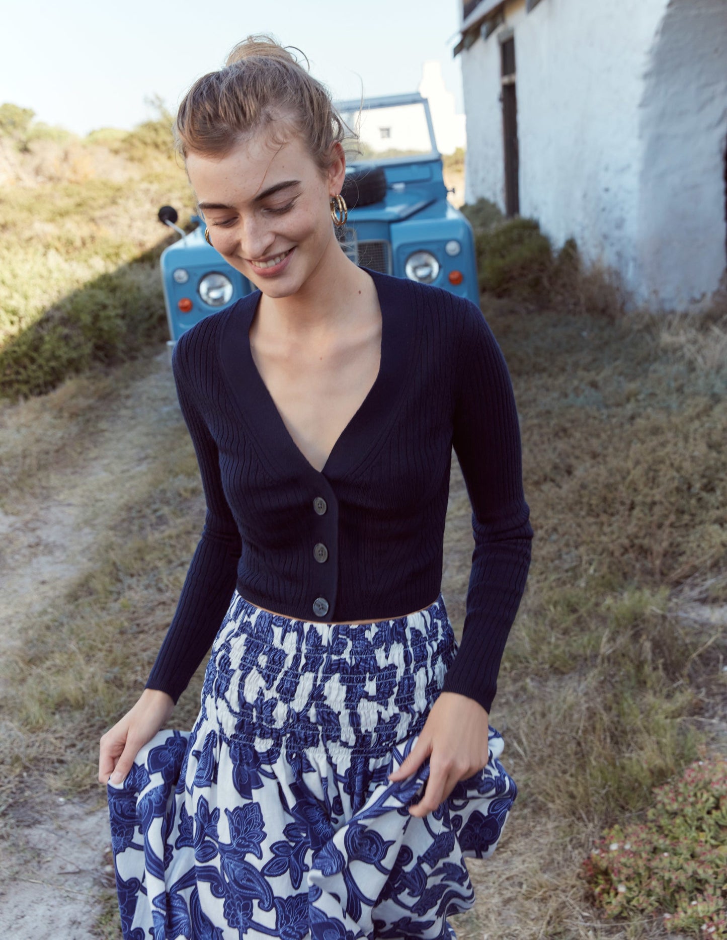 Shirred Waist Linen Midi Skirt-Blue Ribbon, Paisley Whirl