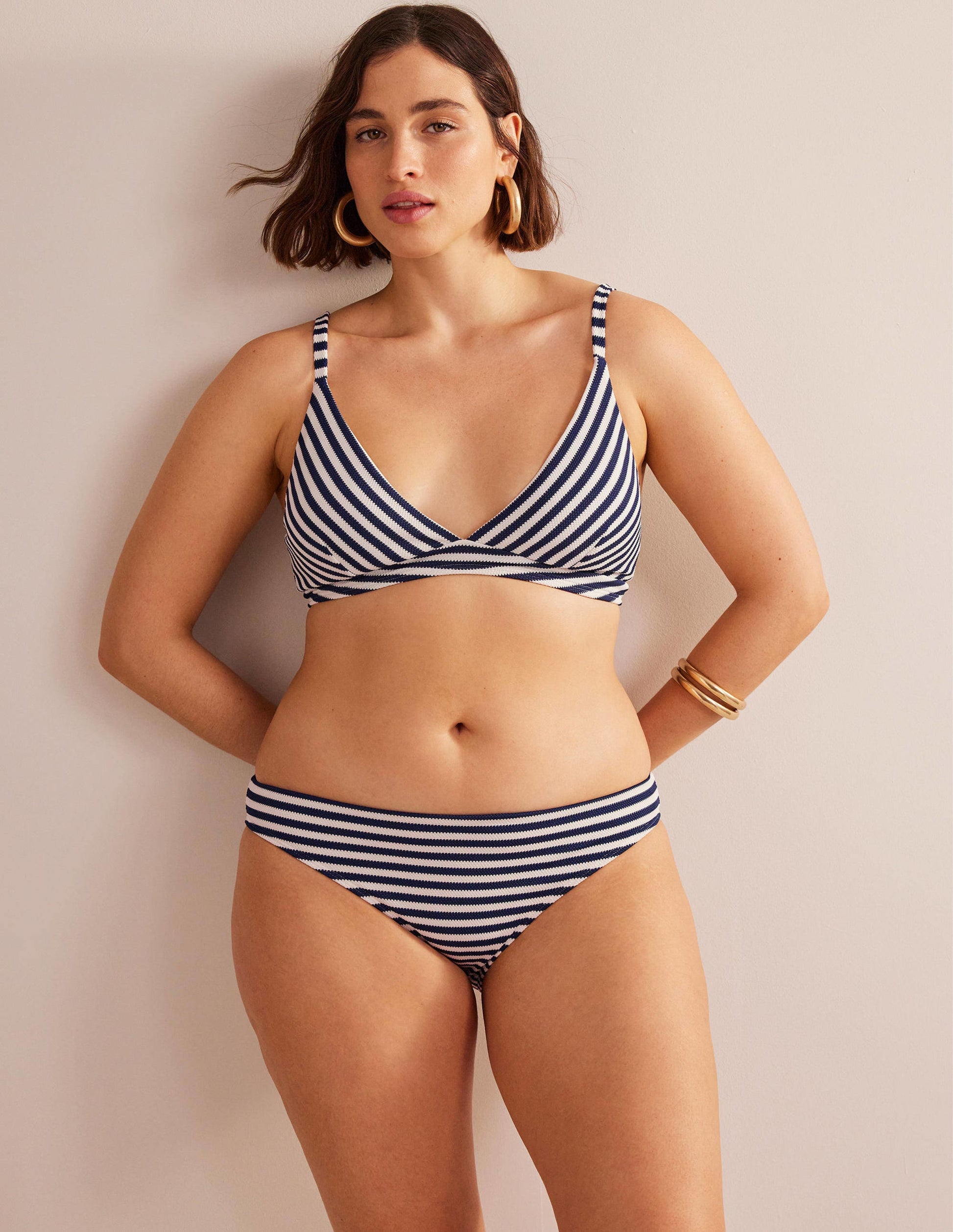Arezzo V-neck Bikini Top-Navy, Ivory Texture Stripe-5