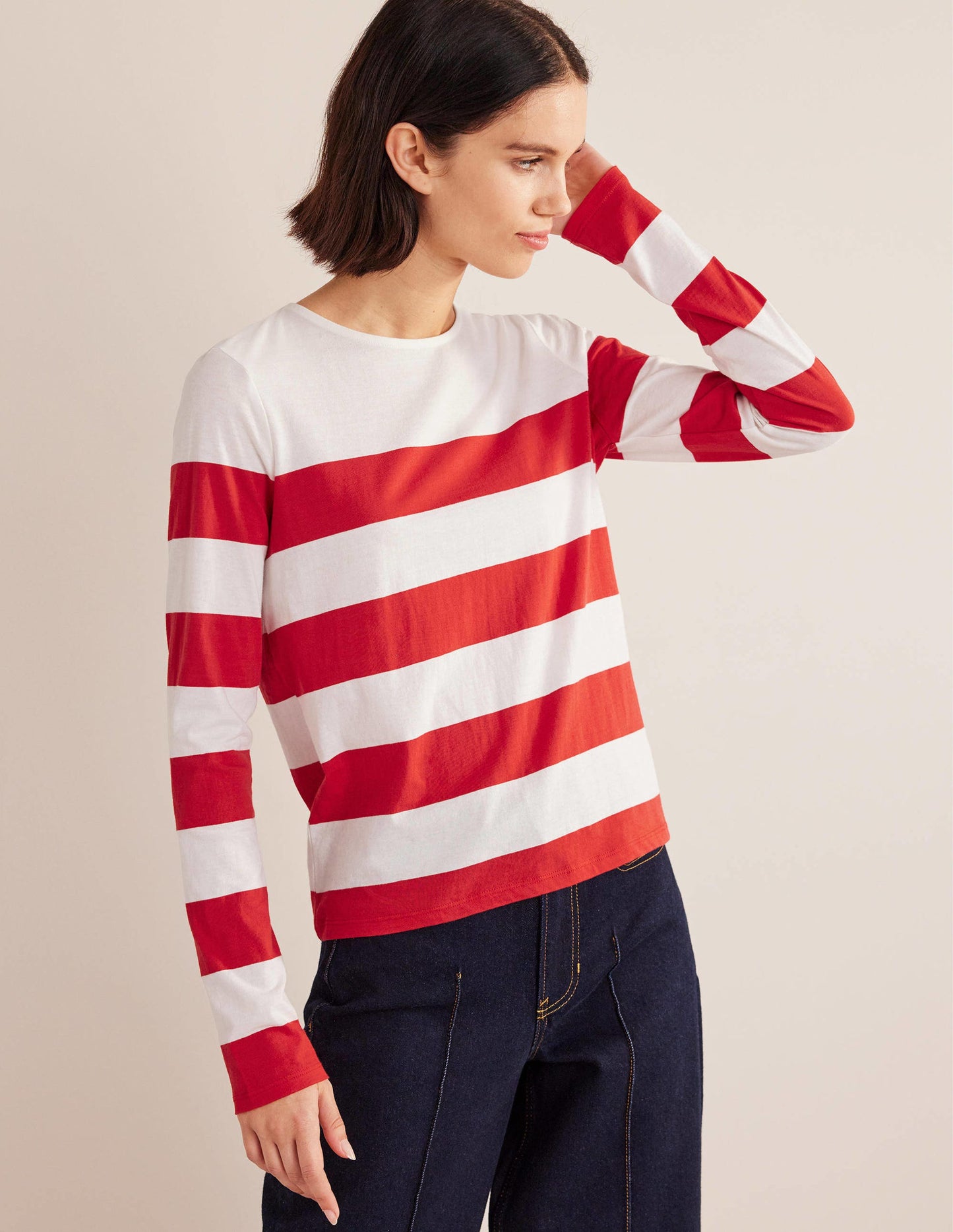 Bea Long Sleeve Breton-Red and Ivory, Wide Stripe