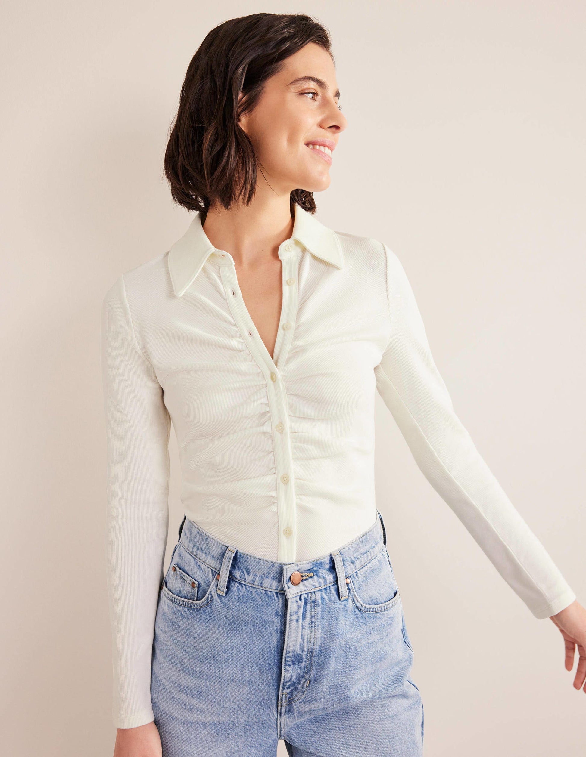 Ruched Front Jersey Shirt-Ivory-1