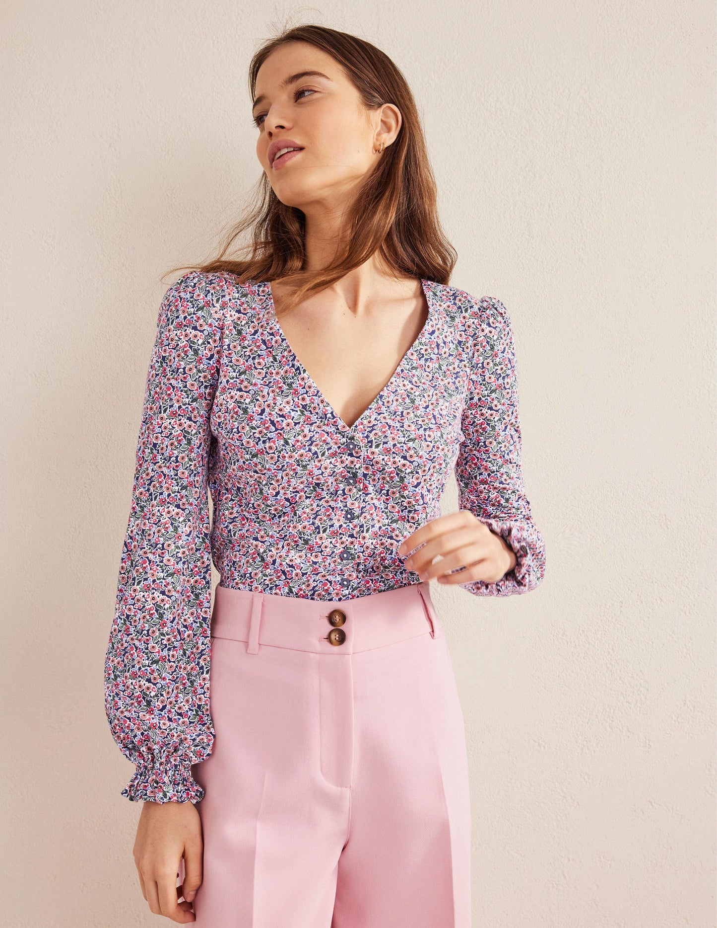 Button Front V-Neck Top-Multi, Petal Toile