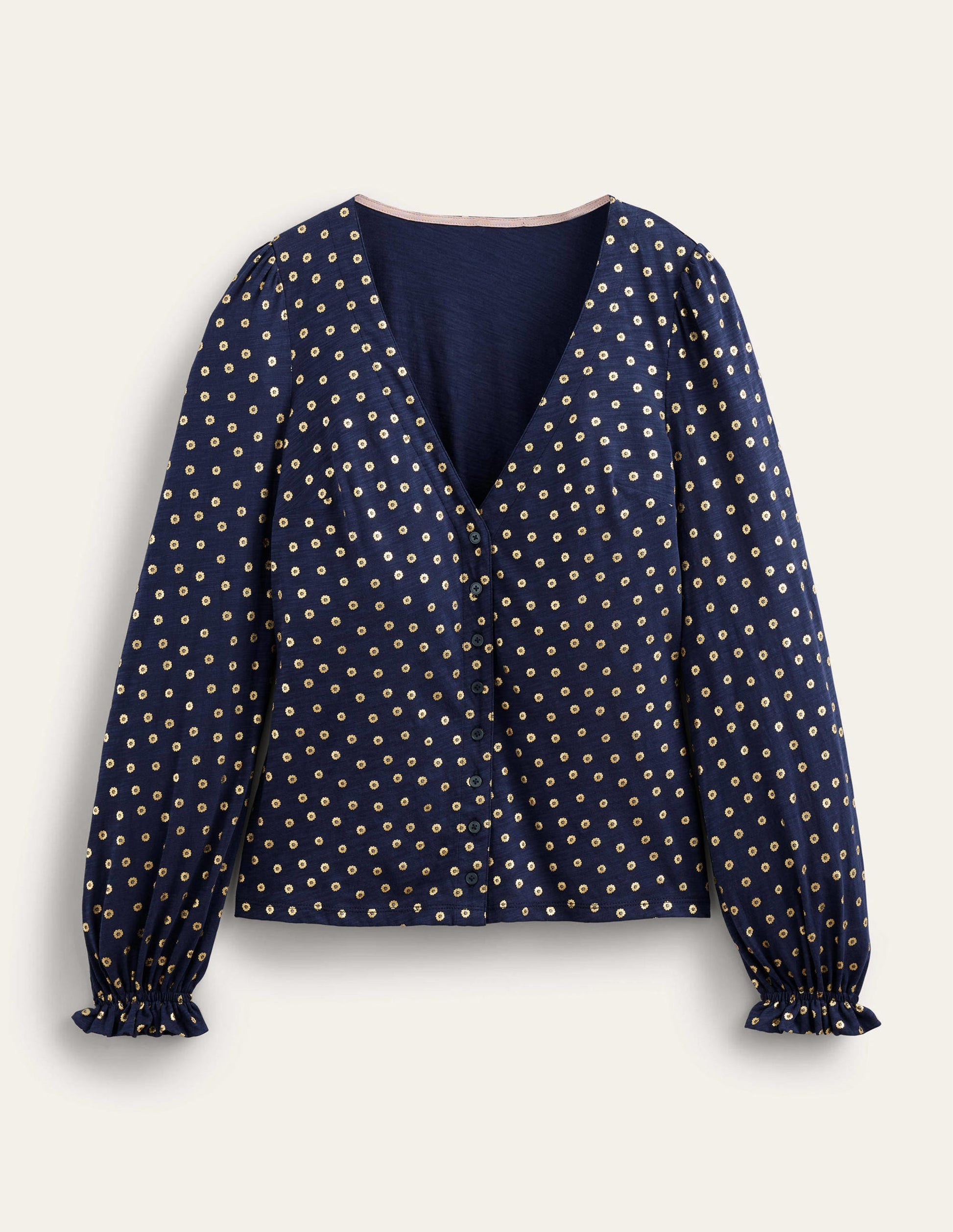 Button Front V-Neck Top-French Navy, Floral Dot-5