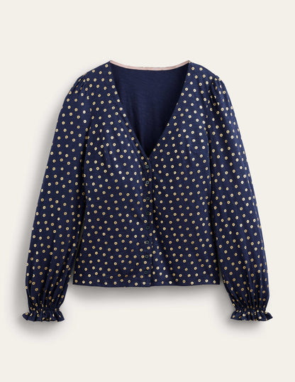 Button Front V-Neck Top-French Navy, Floral Dot-5