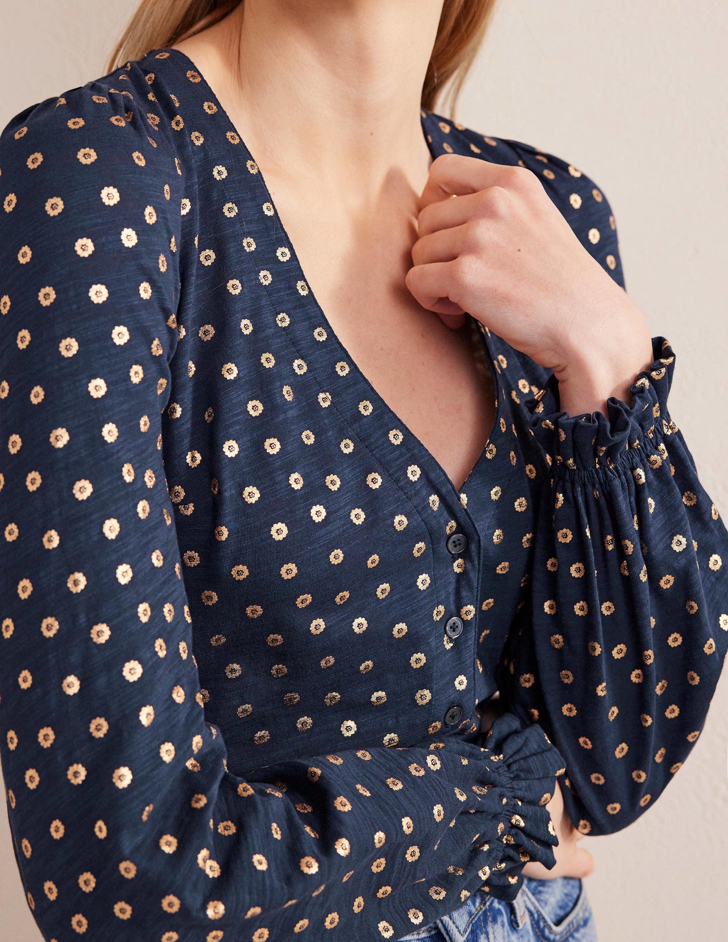 Button Front V-Neck Top-French Navy, Floral Dot