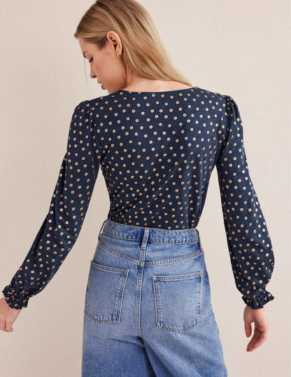 Button Front V-Neck Top-French Navy, Floral Dot-3