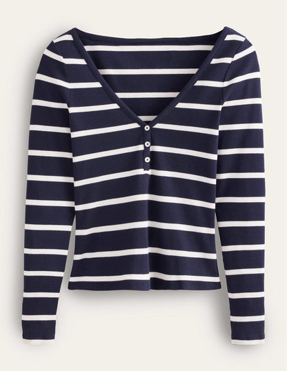 Henley Ribbed Top-Navy, Ivory