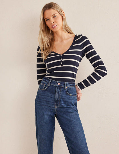 Henley Ribbed Top-Navy, Ivory