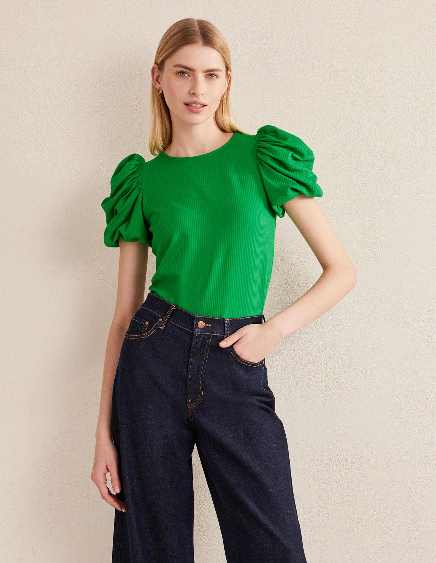 Puff Sleeve Jersey Top-Green Bee