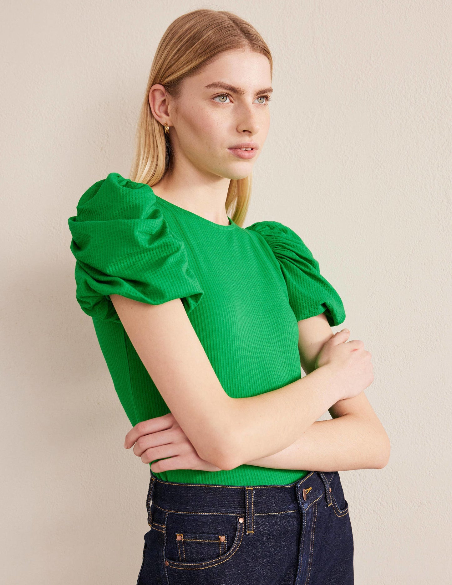 Puff Sleeve Jersey Top-Green Bee