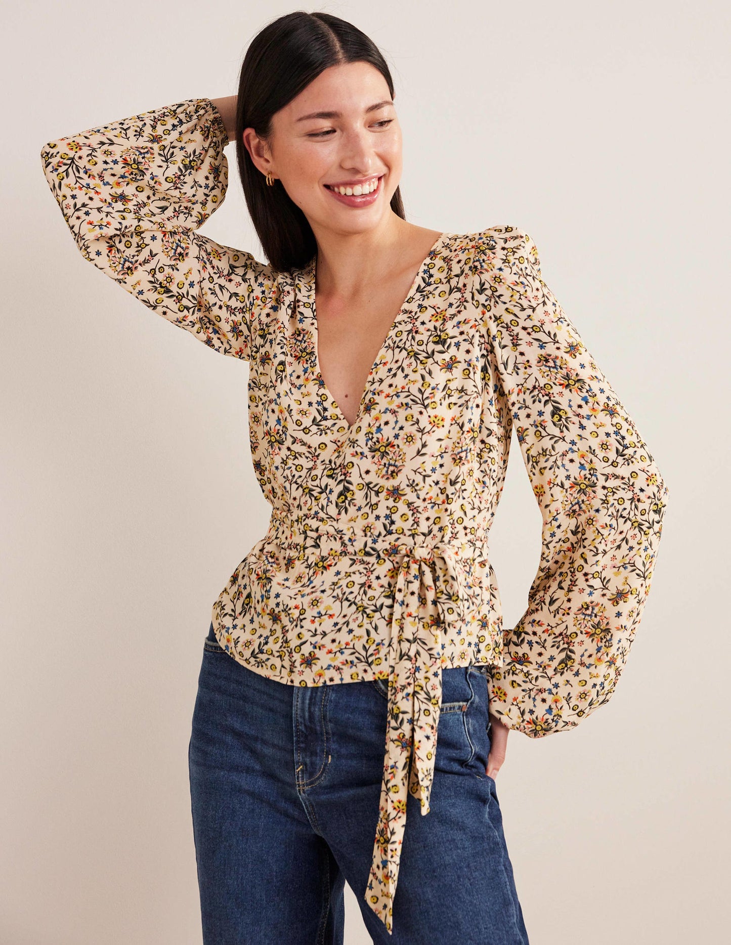 Tie Waist Top-Ivory, Wildflower Paisley