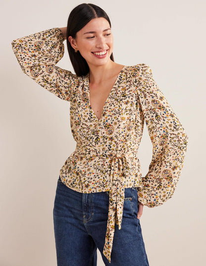 Tie Waist Top-Ivory, Wildflower Paisley-1