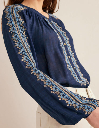 Embroidered Popover Blouse-Navy-4