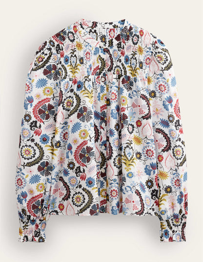 Smocked Yoke Cotton Blouse-Ivory, Tropic Charm