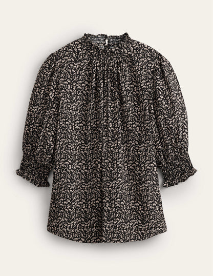 Smocked Detail Printed Top-Black, Poppy Petal-5