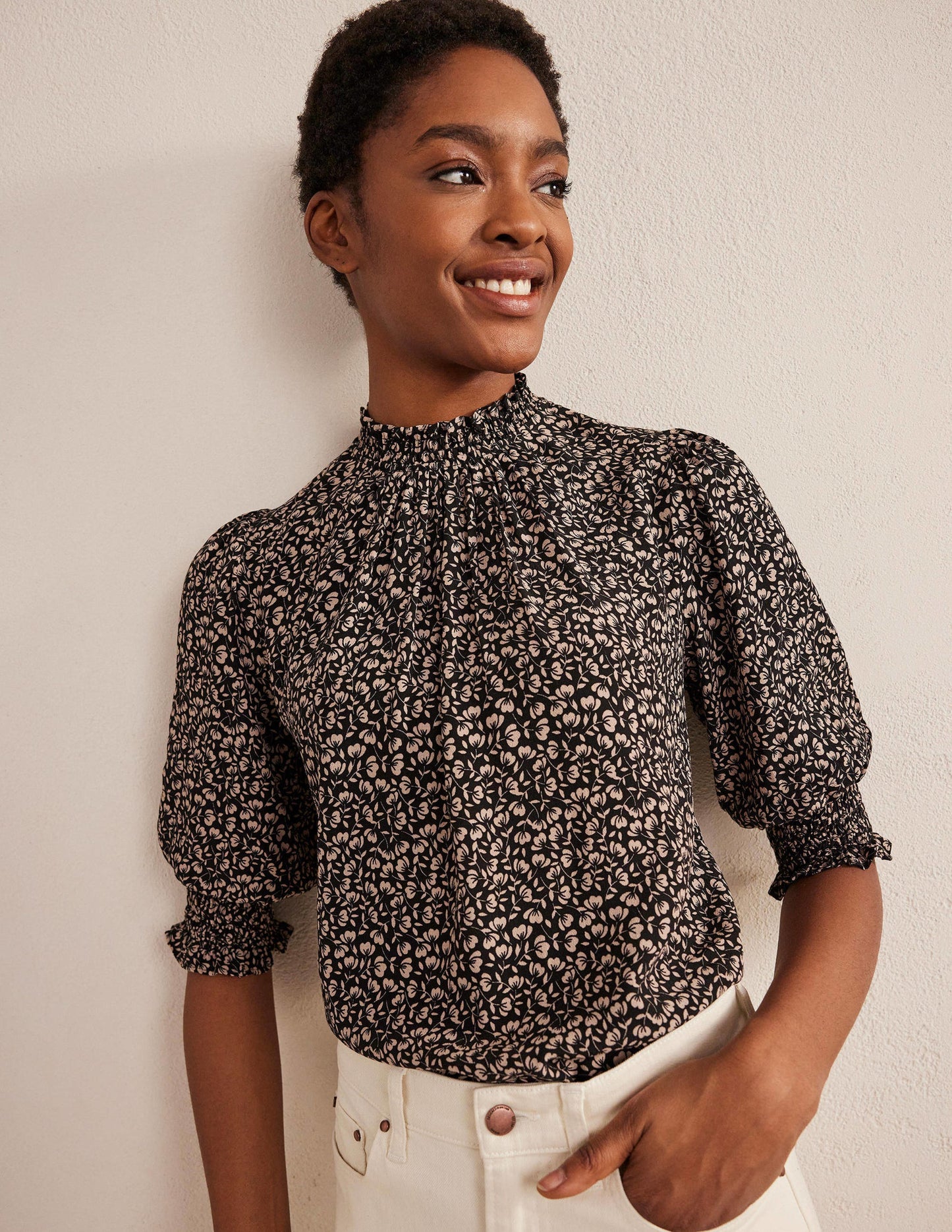Smocked Detail Printed Top-Black, Poppy Petal